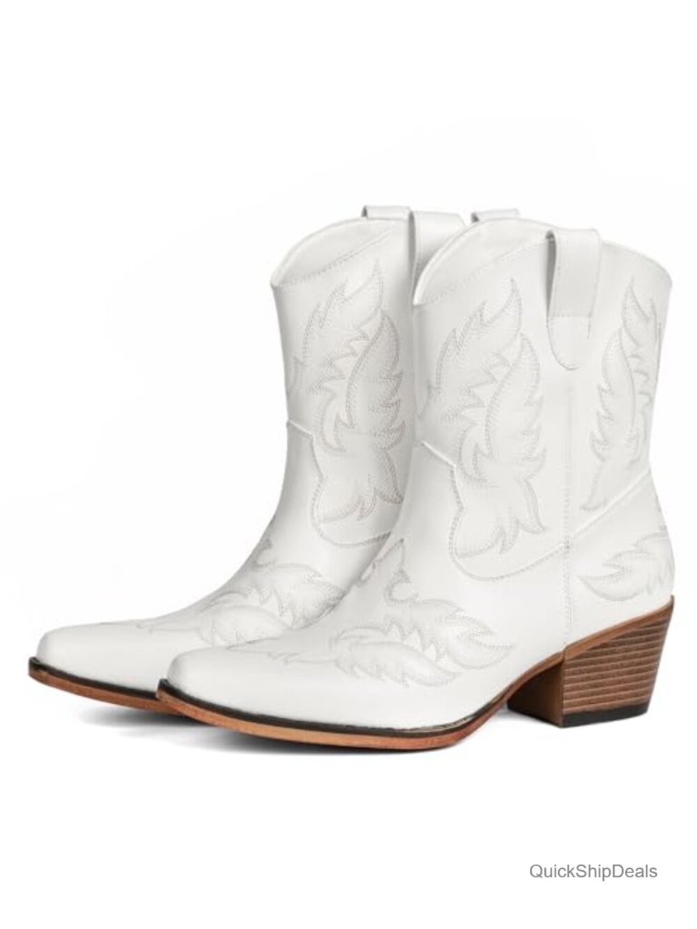 Embroidered Western Ankle Booties Faux Leather Pointed Toe Block Heel